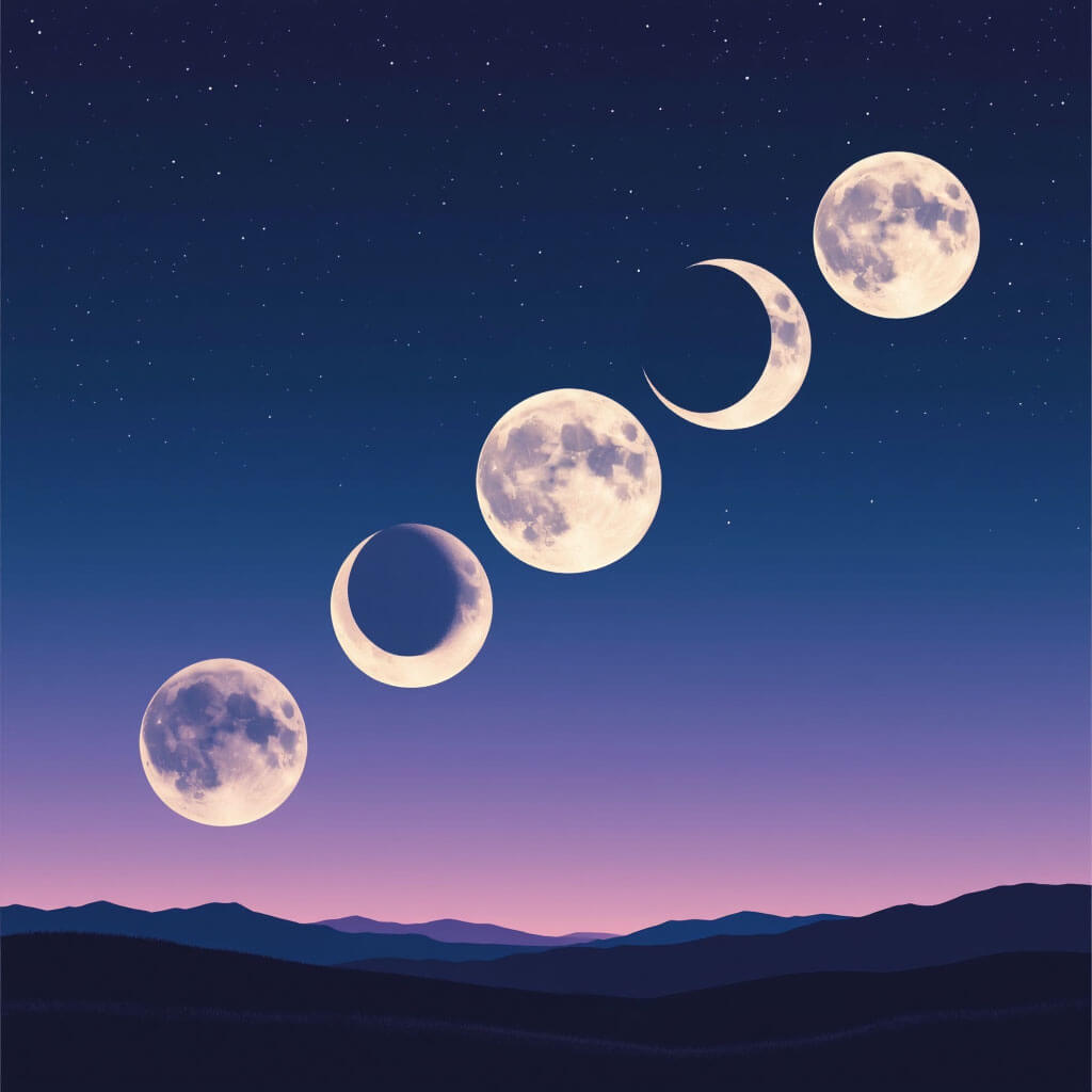 Natürliche Aufnahme des Mondes in verschiedenen Phasen über einer ruhigen Landschaft